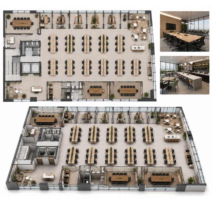 2D office floor plan with matching 3D interior views