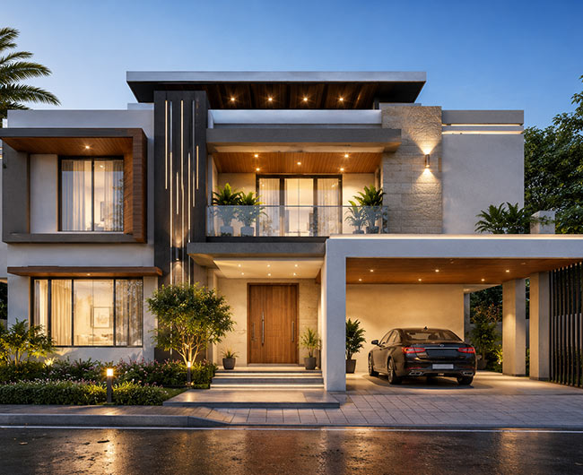 Photorealistic 3D rendering of a modern house at dusk