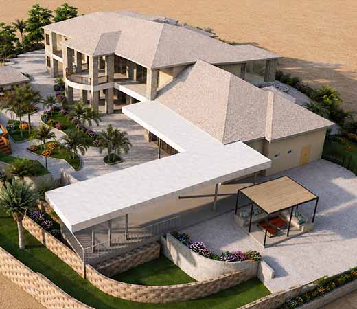 Photorealistic exterior render of a two-story residential villa in Las Vegas