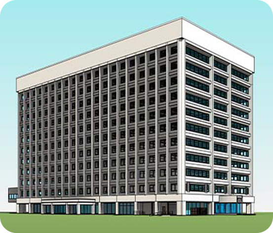 Architectural BIM model of a multi-story commercial building
