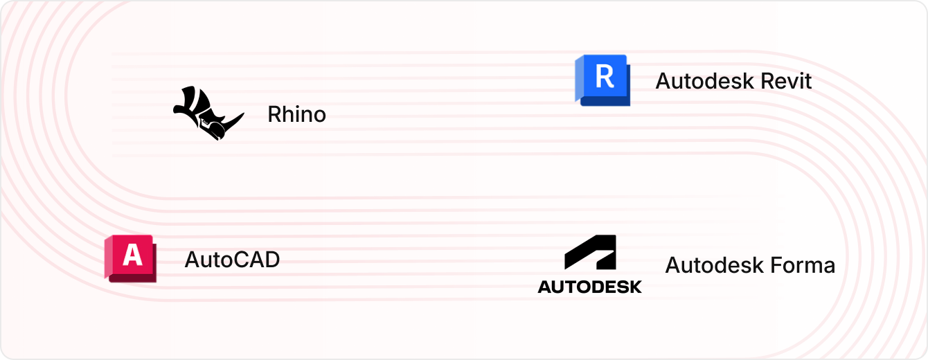 Autodesk Forma, Autodesk Revit, Rhino, and AutoCAD for BIM modeling and documentation
