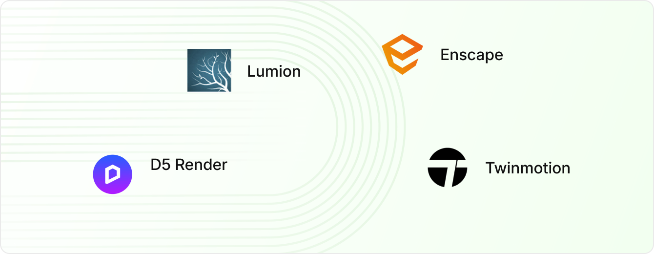 Lumion, Enscape, Twinmotion, and D5 Render for visualization