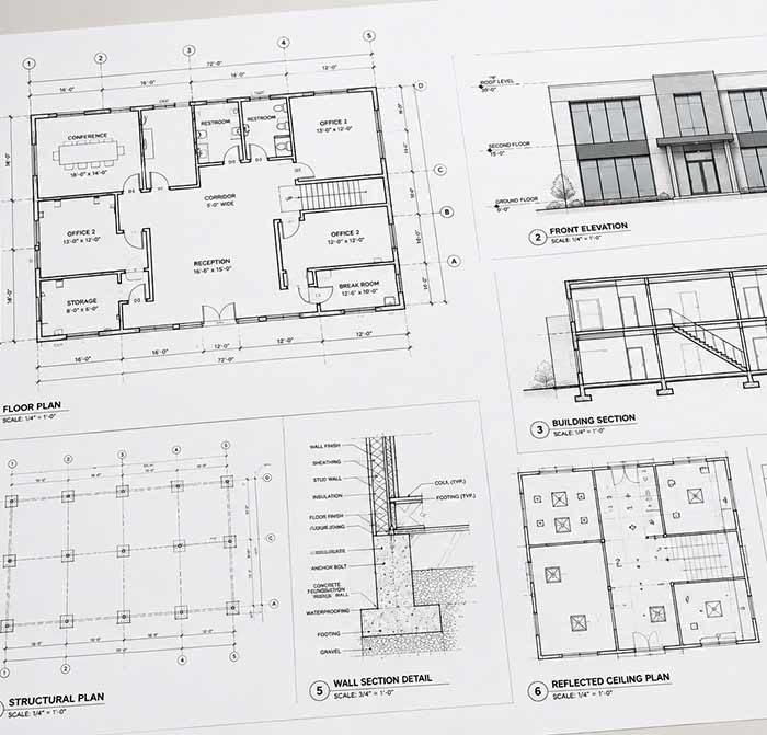 Set of architectural drawings including floor plans, elevations, and wall sections