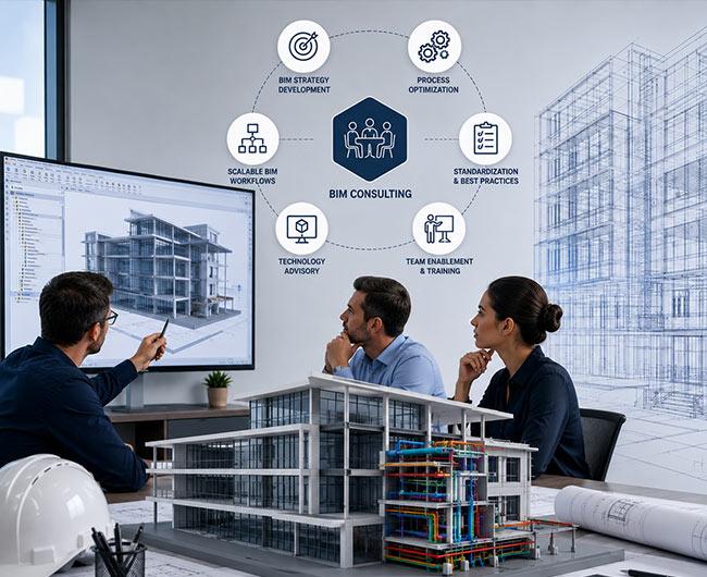 BIM consultants reviewing coordinated Revit models with an architecture team
