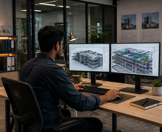 BIM specialist reviewing coordinated Revit models