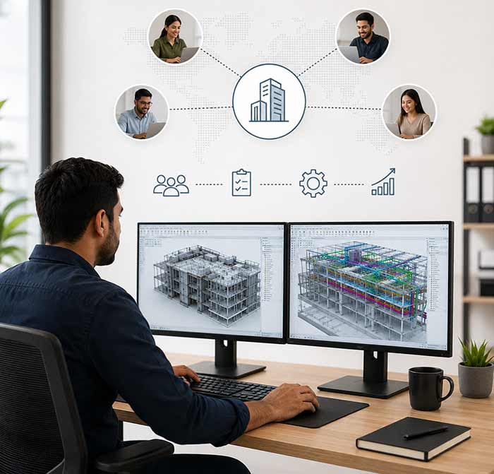 Distributed BIM team collaborating on dual-monitor Revit models