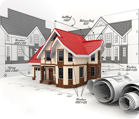 3D house model emerging from CAD blueprints and elevation drawings