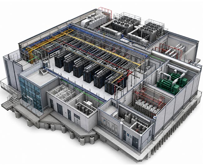 Cutaway BIM model of a data center showing server halls, cooling, and power systems