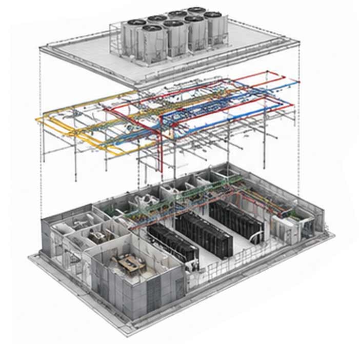 Exploded BIM view of a data center with roof mechanical units, MEP systems, and server floor