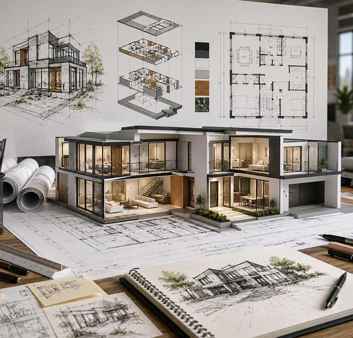 Architectural design studio with scale model, drawings, and material samples