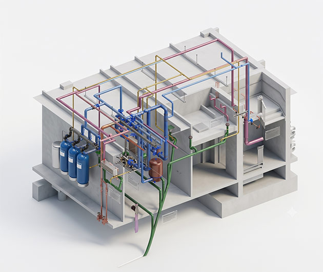 Plumbing BIM model of a five-story commercial bank headquarters