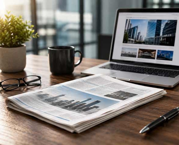 News and updates workspace with newspaper and laptop