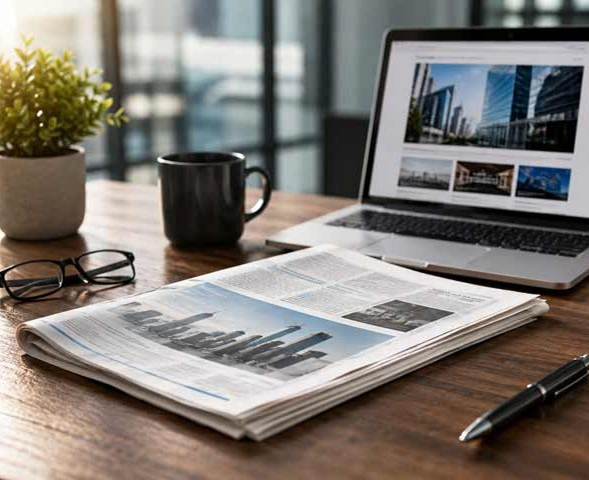 News and updates workspace with newspaper and laptop