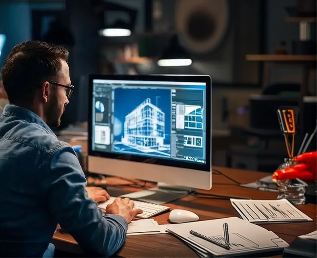 Architect reviewing a 3D BIM model on screen with technical drawings on the desk