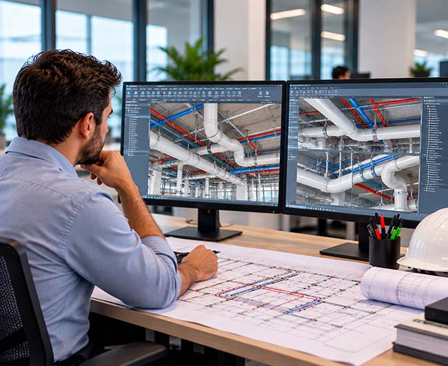 Engineer reviewing coordinated plumbing BIM models and drawings