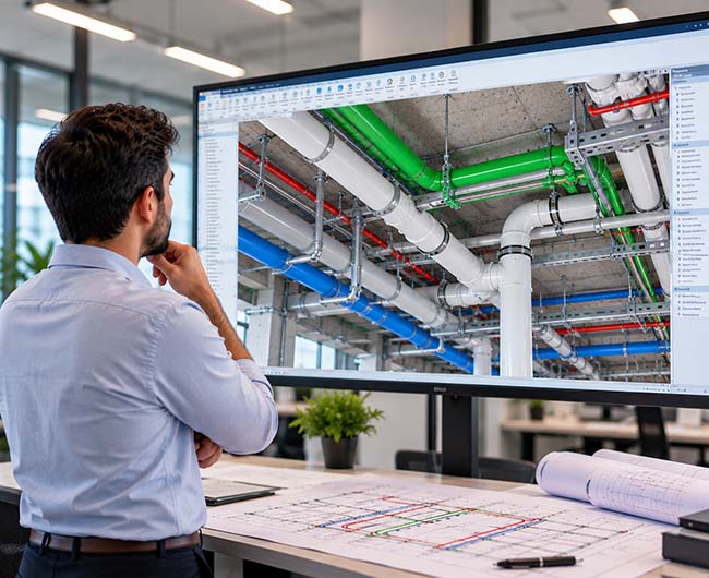 Plumbing BIM coordination review on a large monitor
