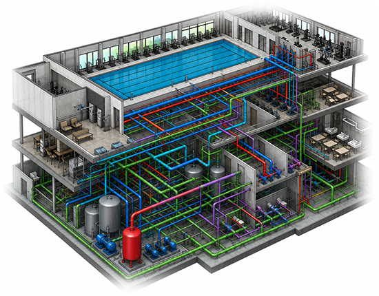 Coordinated plumbing BIM modeling for sports club facility in Iowa, USA