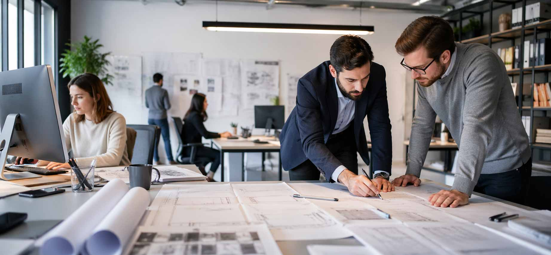 Mature architect reviewing documentation and floor plans on a large monitor